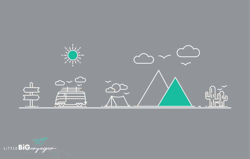 You see a drawing with tents, mountains, camping car